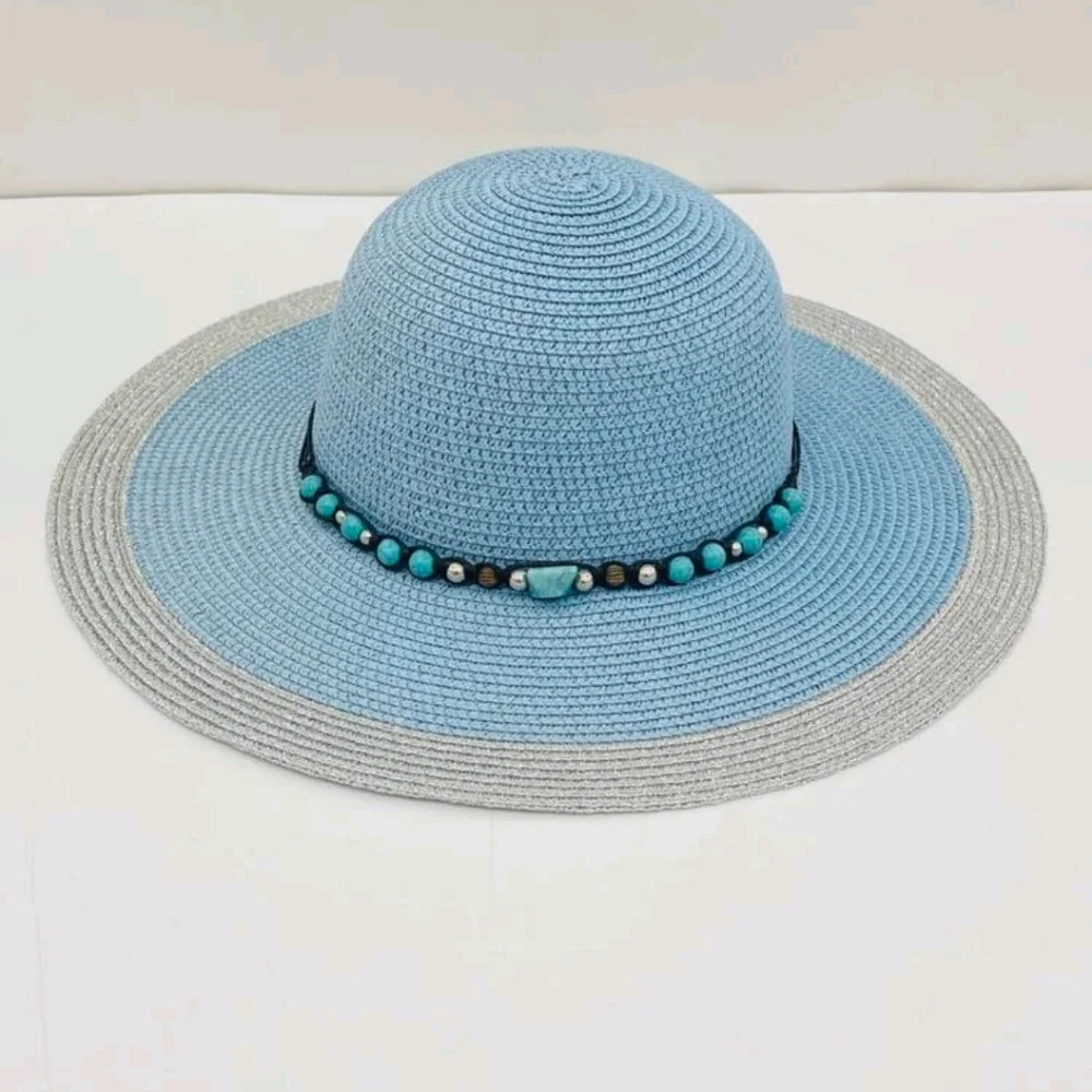 Floppy Hat Color block Blue Silver Shimmer Faux Turquoise Stone Beads - Picture 4 of 7